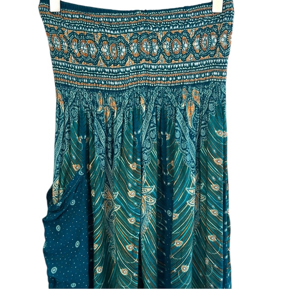 Yoga Lounge Festival High Waisted Rayon Harem Pants Turquoise Peacock Print OS - Picture 5 of 7
